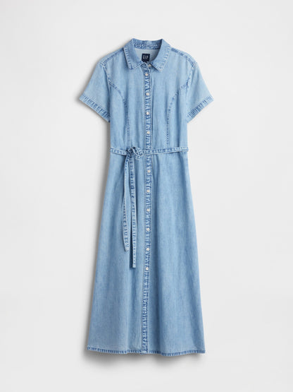 Açık Mavi Denim Tie-waist Midi Gömlek Elbise