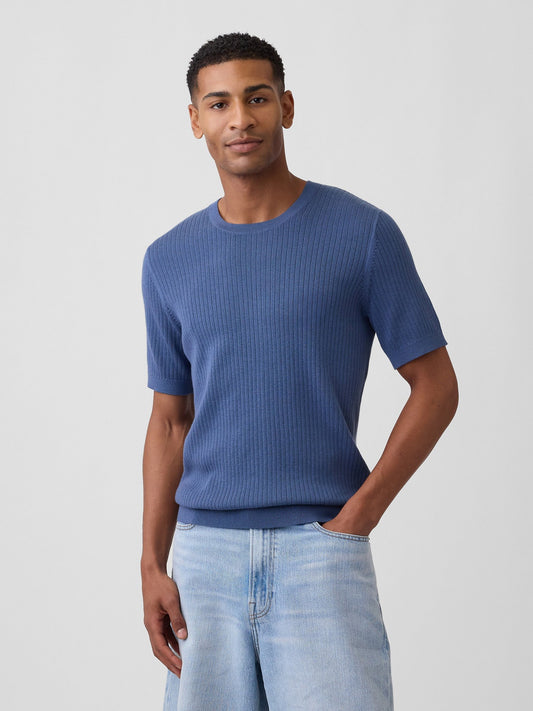 Mavi Ribbed Bisiklet Yaka Triko T-shirt
