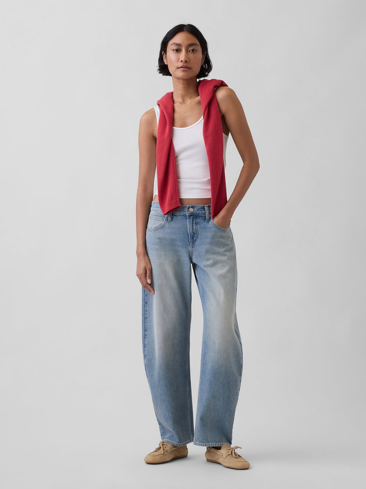 Açık Mavi Low Rise Barrel Jean Pantolon