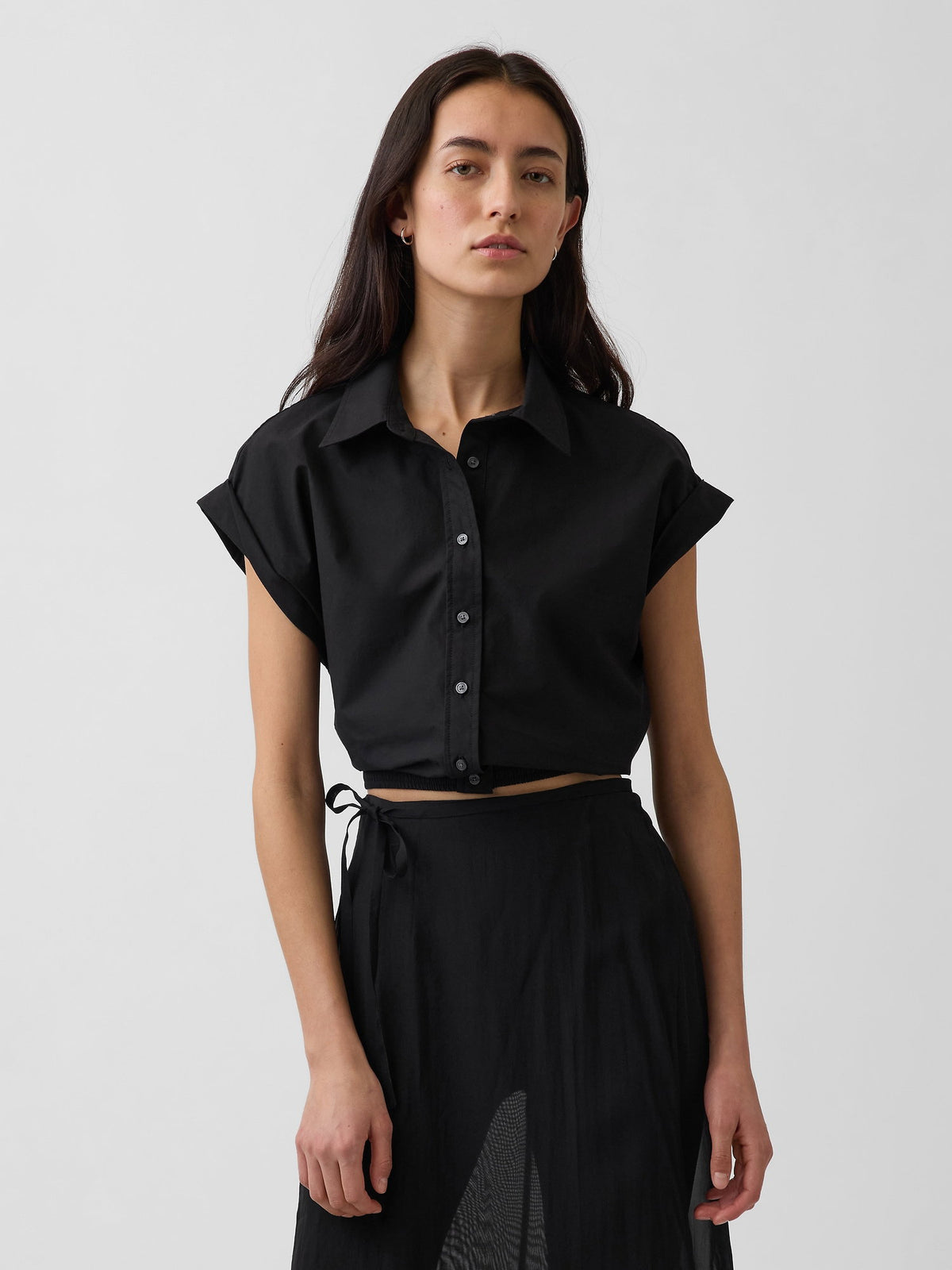 Siyah Poplin Cap-sleeve Crop Bluz