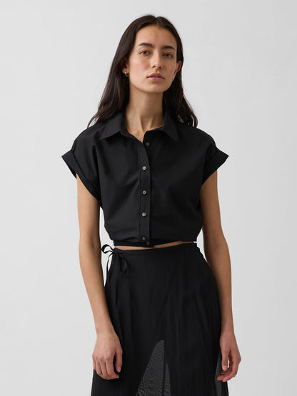 Siyah Poplin Cap-sleeve Crop Bluz