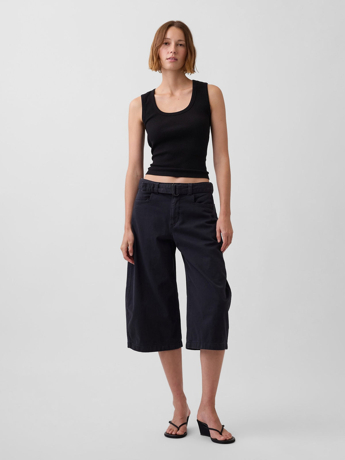 Siyah Mid Rise Kemerli Culotte Barrel Pantolon