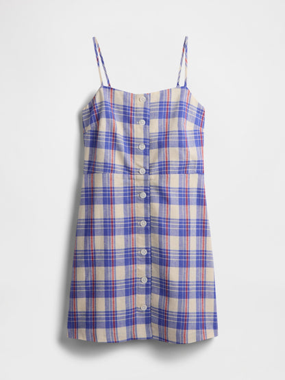 Mavi Linen-blend Bağcıklı Mini Elbise