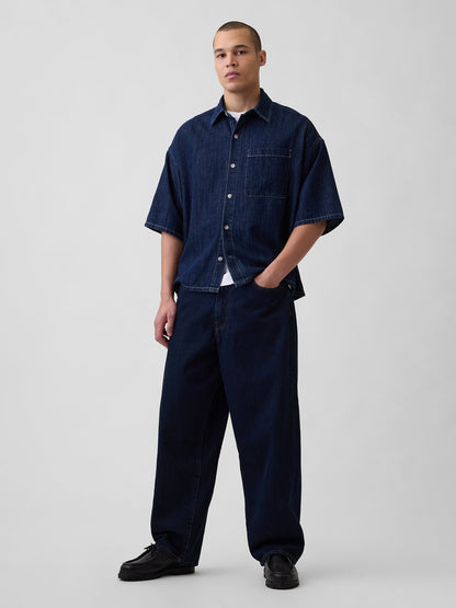 Koyu Mavi Denim Oversized Straight-hem Gömlek