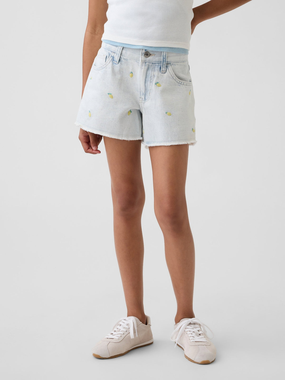 Açık Mavi Low Rise Stride Işlemeli Limon Denim Şort