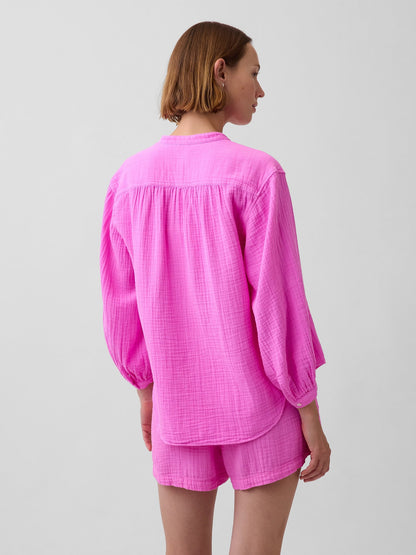 Pembe Pamuk Gauze Oversized Yakasız Gömlek