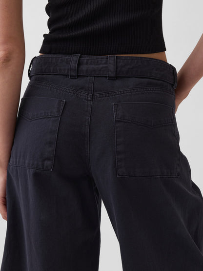 Siyah Mid Rise Kemerli Culotte Barrel Pantolon