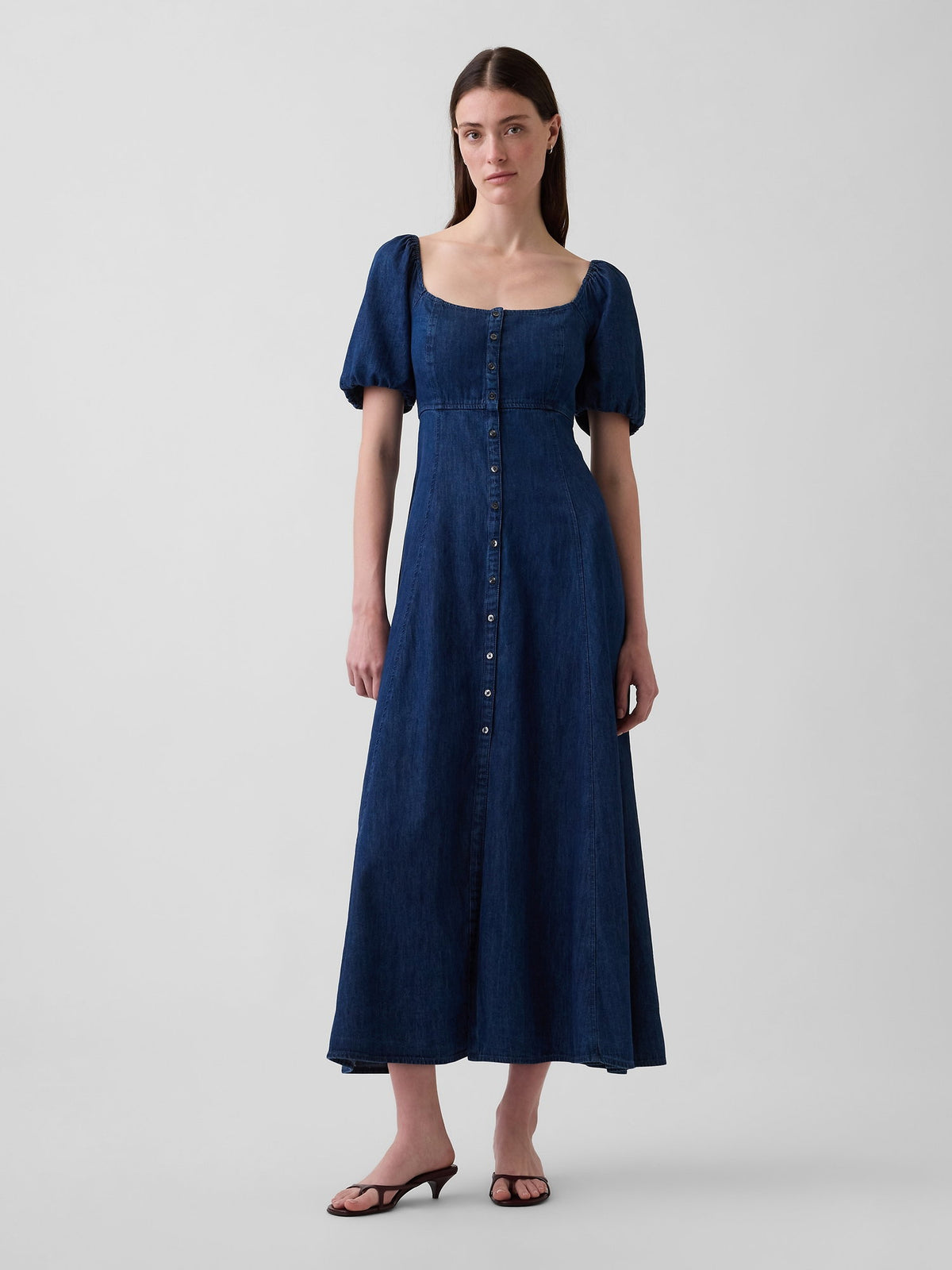 Koyu Mavi Denim Puff-sleeve Button-front Maxi Elbise