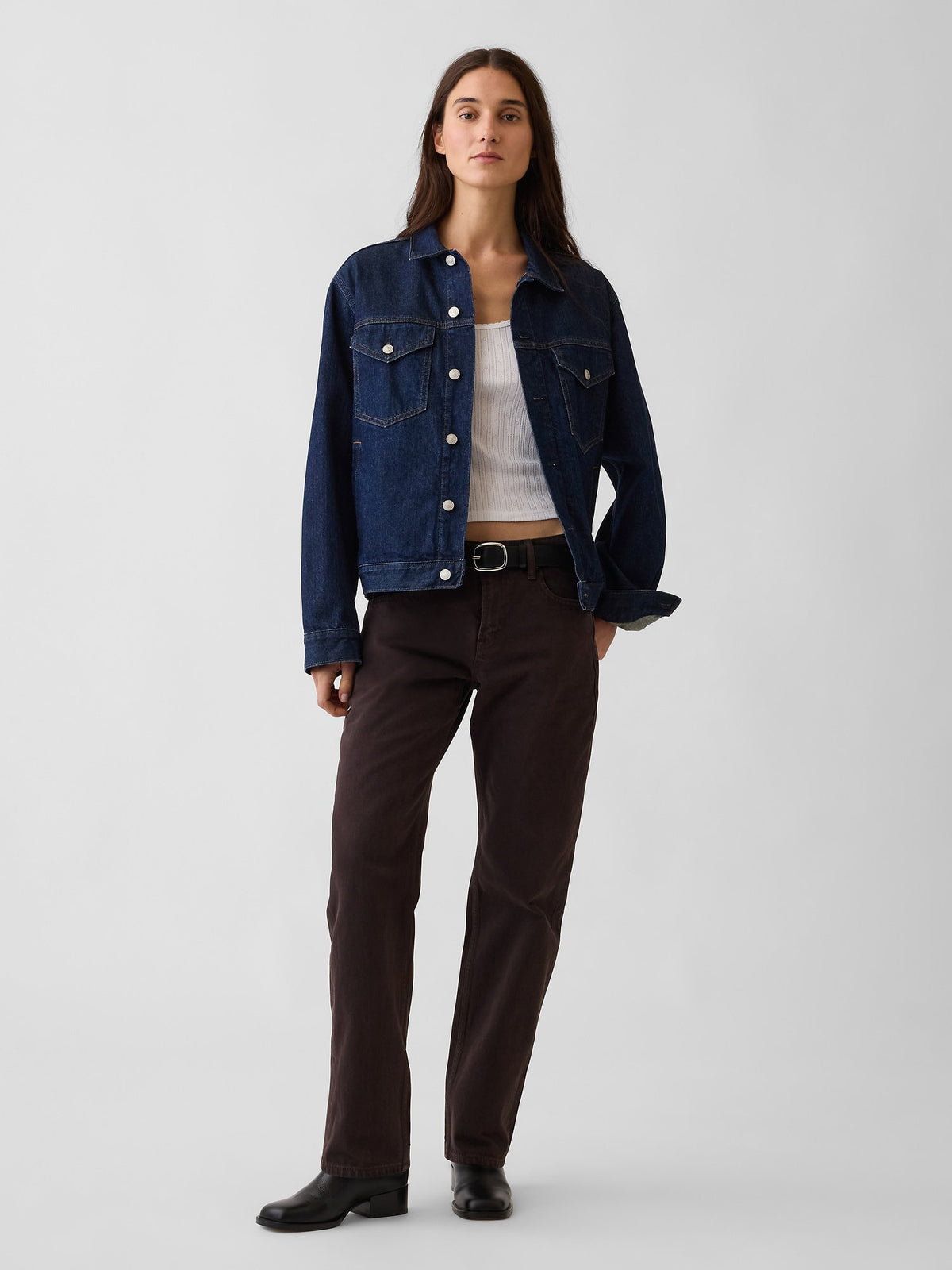Kahverengi Mid Rise Straight Taper Jean Pantolon