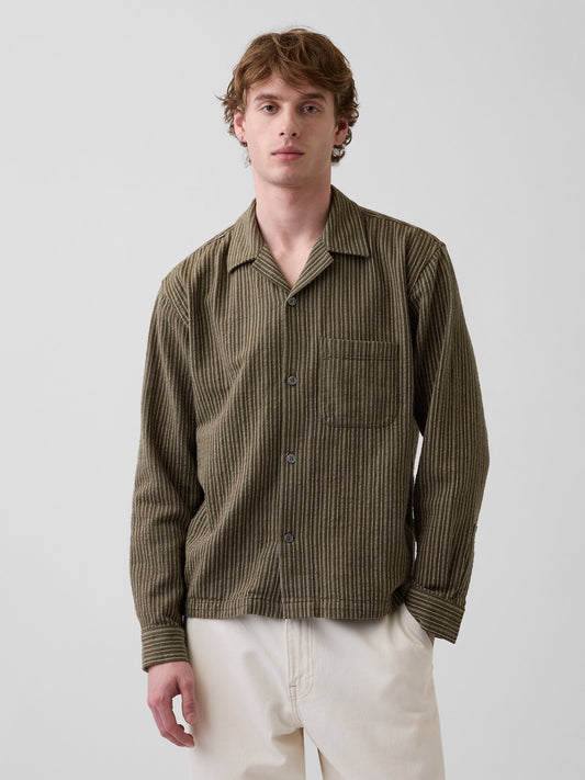 Haki Dobby Çizgili Relaxed Straight-hem Gömlek
