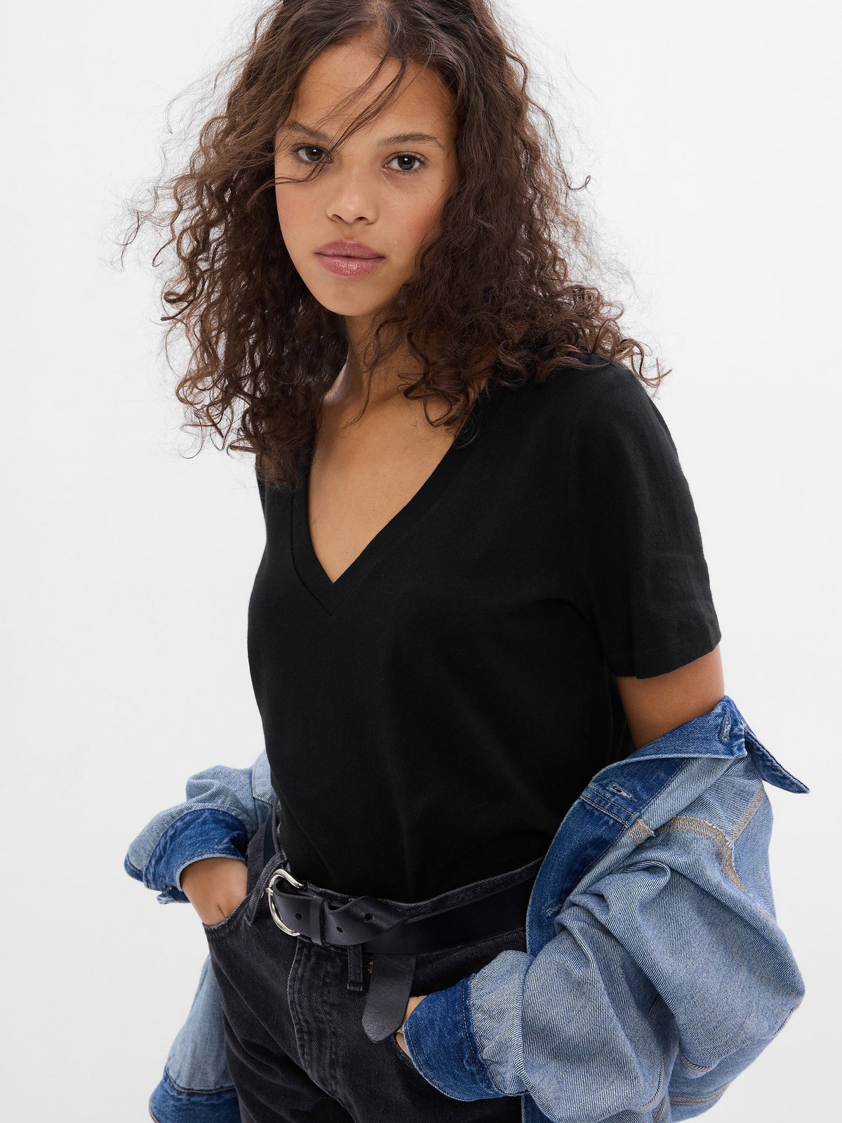 Siyah Organik Pamuk Vintage V Yaka T-shirt