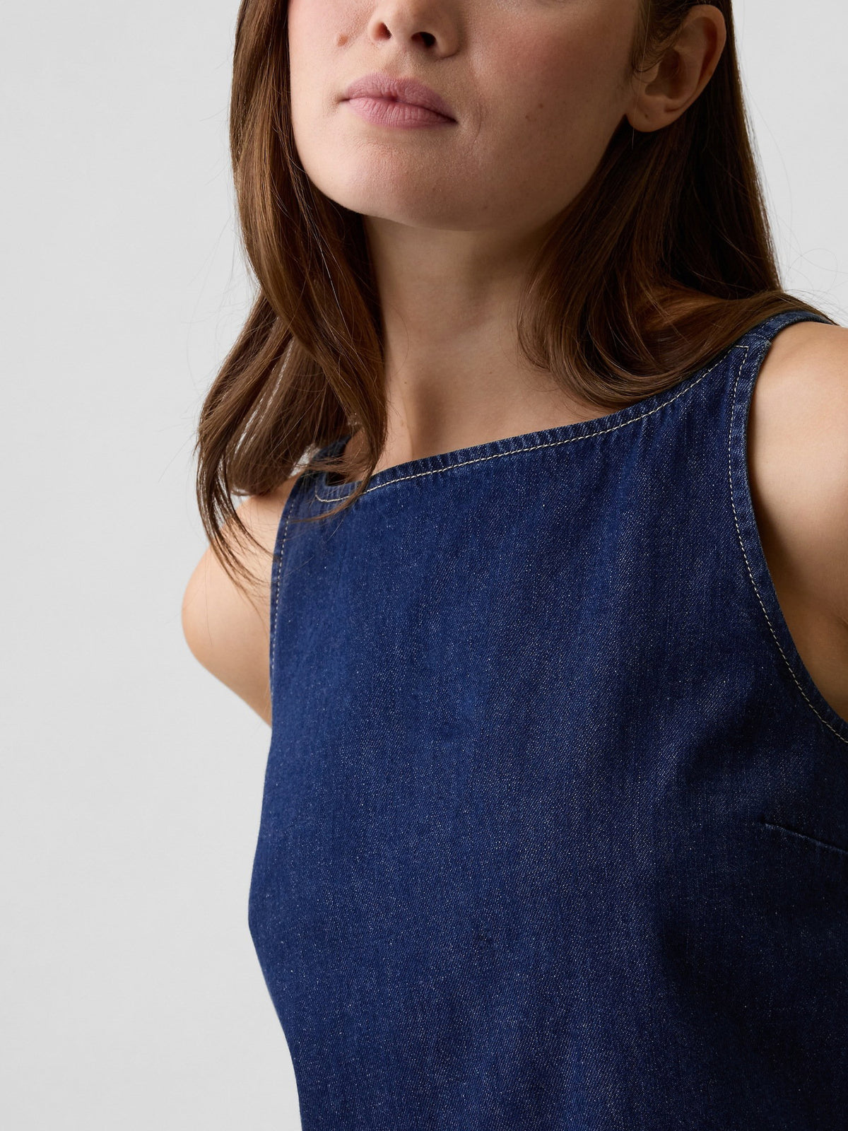 Koyu Mavi Denim Shell Kolsuz Bluz