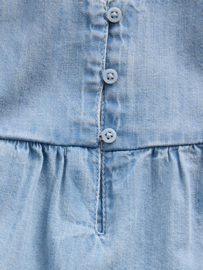 Açık Mavi Denim Tiered Kolsuz Bluz