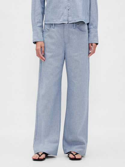 Mavi Keten Karışımı Wide-leg Pantolon