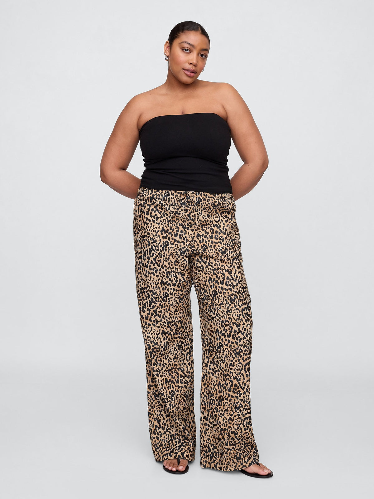 Kahverengi Mid Rise Keten Karışımlı Pull-on Wide-leg Pantolon