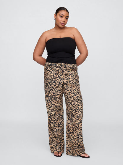 Kahverengi Mid Rise Keten Karışımlı Pull-on Wide-leg Pantolon