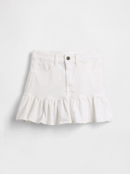 Beyaz Denim Volanlı Mini Etek
