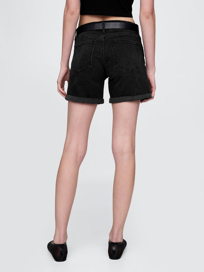 Siyah 5 Mid Rise Denim Girlfriend Şort