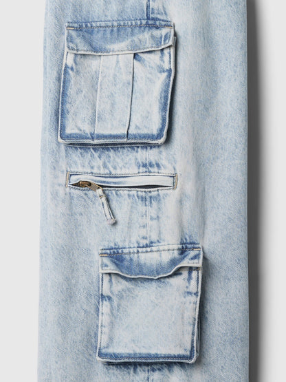 Açık Mavi Mid Rise Double Kargo Baggy Jean Pantolon