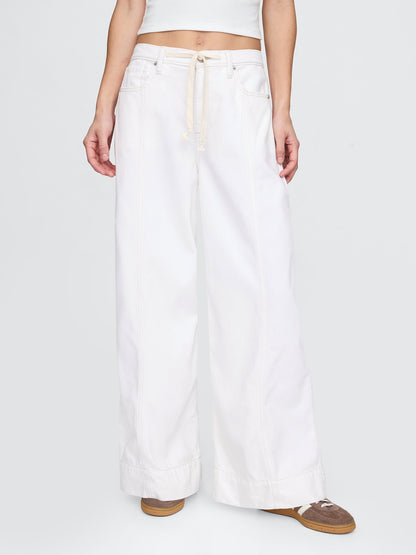 Beyaz Mid Rise Ultrasoft Baggy Jean Pantolon
