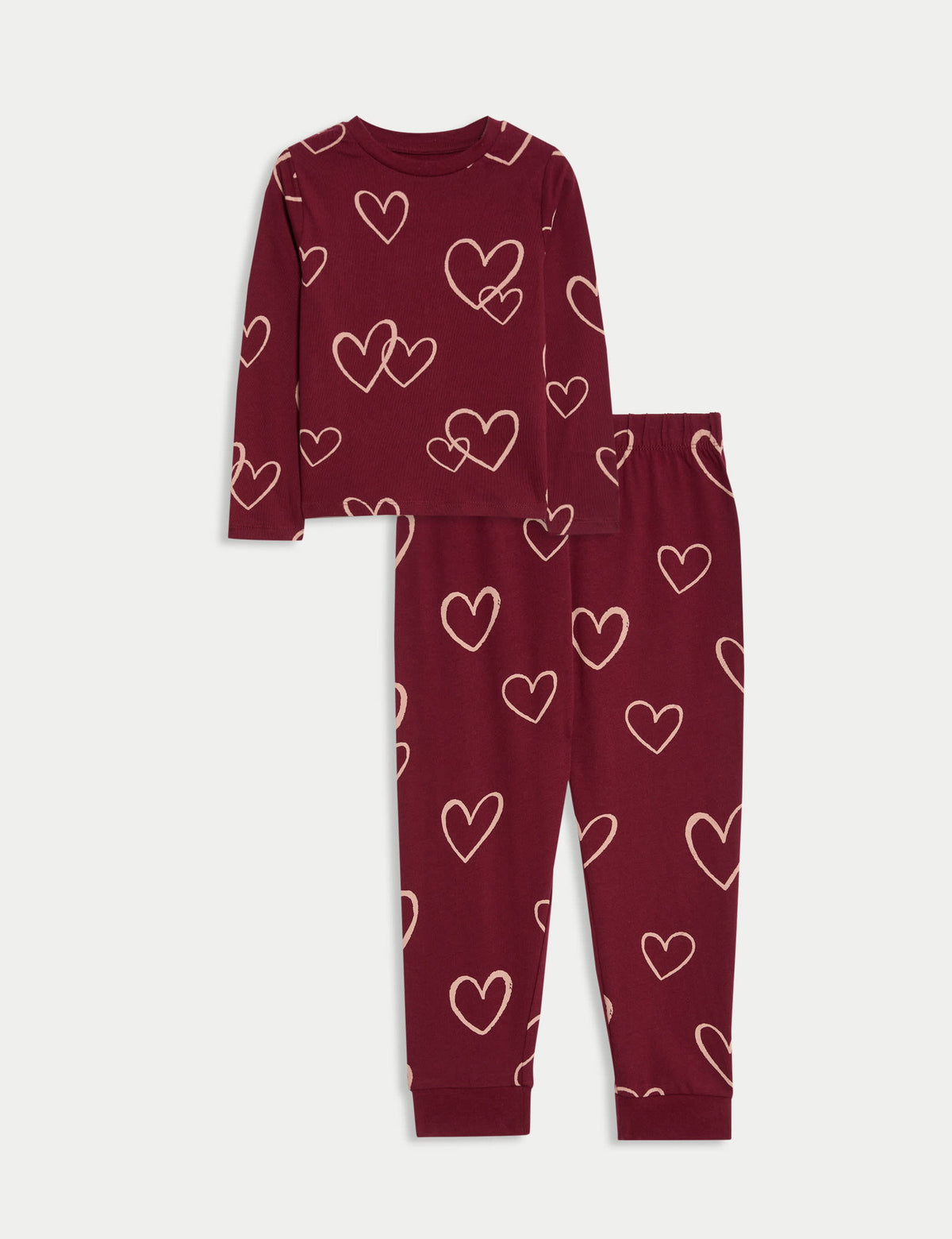 Saf Pamuklu Kalp Baskılı Pijama Takımı (1–16 Yaş)