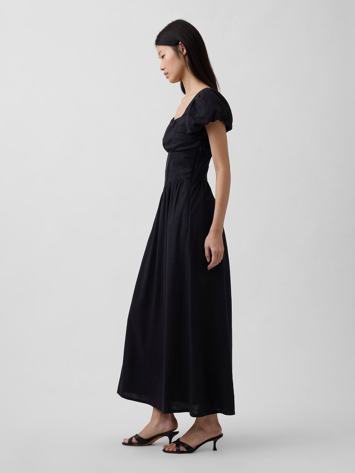 Siyah Keten Karışımı Drop-waist Maxi Elbise