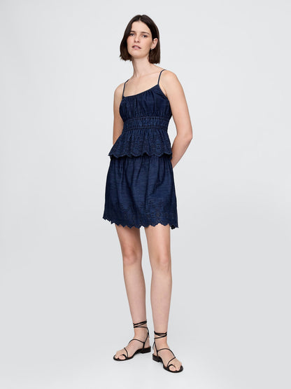 Lacivert Büzgülü Eyelet Denim Cami Bluz