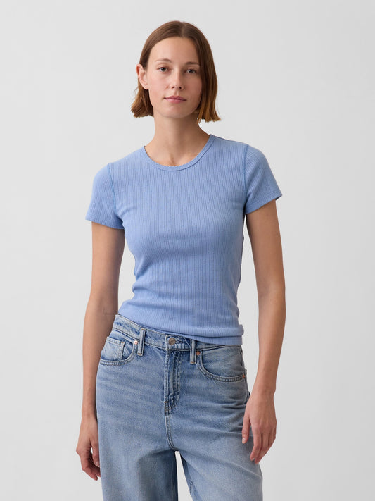 Açık Mavi Pointelle Bisiklet Yaka T-shirt