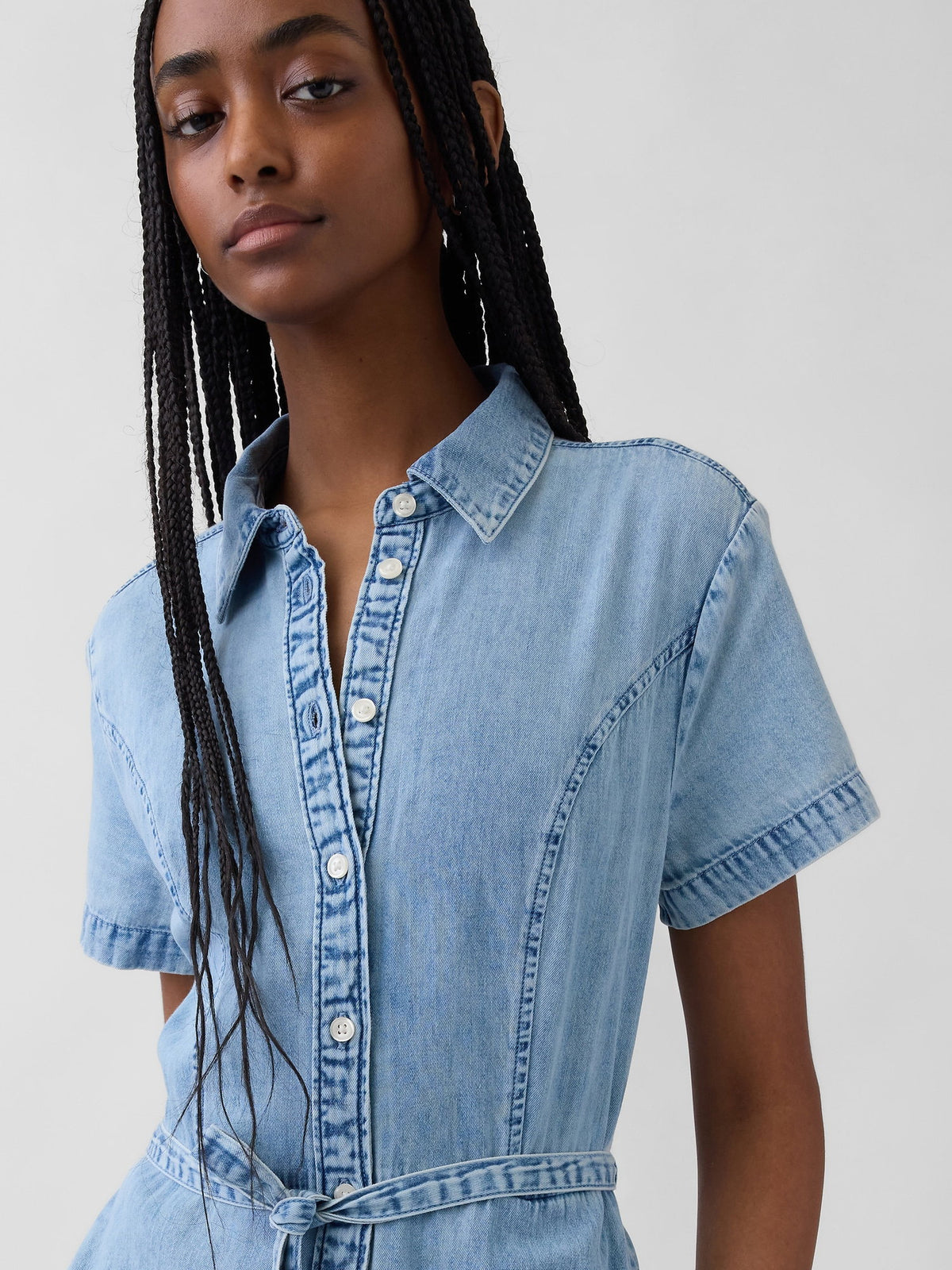 Açık Mavi Denim Tie-waist Midi Gömlek Elbise