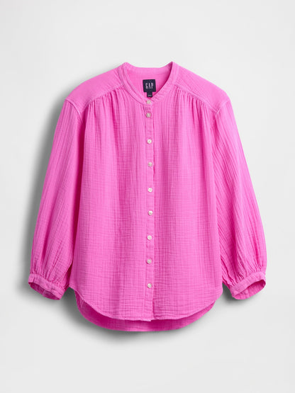 Pembe Pamuk Gauze Oversized Yakasız Gömlek