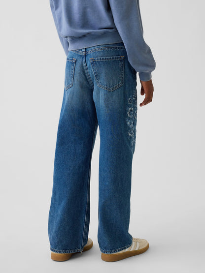 Mavi Low Rise Stride Çiçek Işlemeli Wide-leg Jean Pantolon