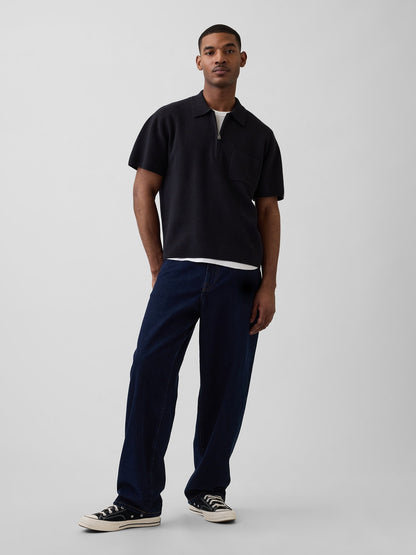 Siyah Oversized Yarım Fermuarlı Cepli Triko Polo T-shirt