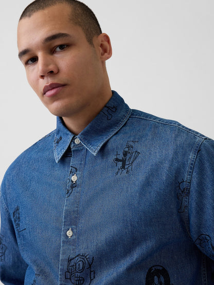 Mavi Jean-michel Basquiat Baskılı Denim Gömlek