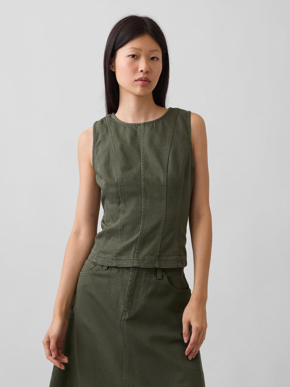 Haki Seamed Twill Crop Shell Bluz