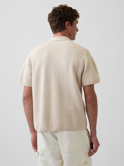 Siyah Oversized Yarım Fermuarlı Cepli Triko Polo T-shirt