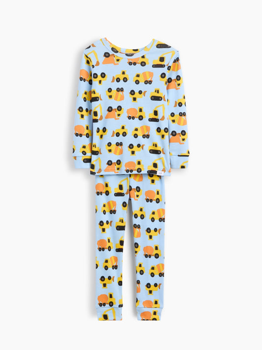 Açık Mavi Organik Brushed Pamuk Construction Baskılı Pijama Takımı