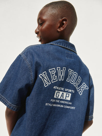 Koyu Mavi Kids Denim Relaxed New York Logo Gömlek