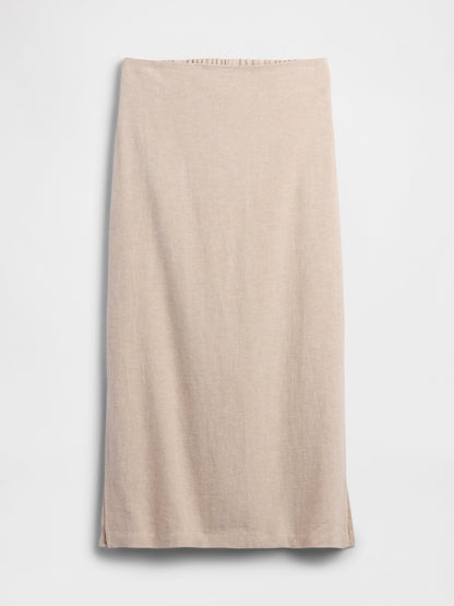Bej Keten Karışımı Maxi Slip Etek