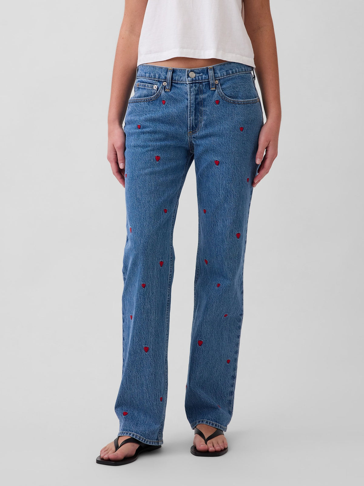 Mavi Mid Rise Işlemeli Relaxed Straight Jean Pantolon