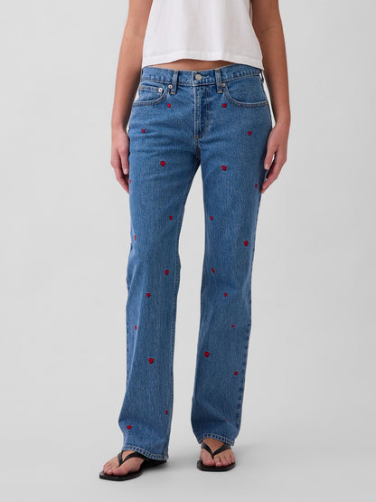 Mavi Mid Rise Işlemeli Relaxed Straight Jean Pantolon