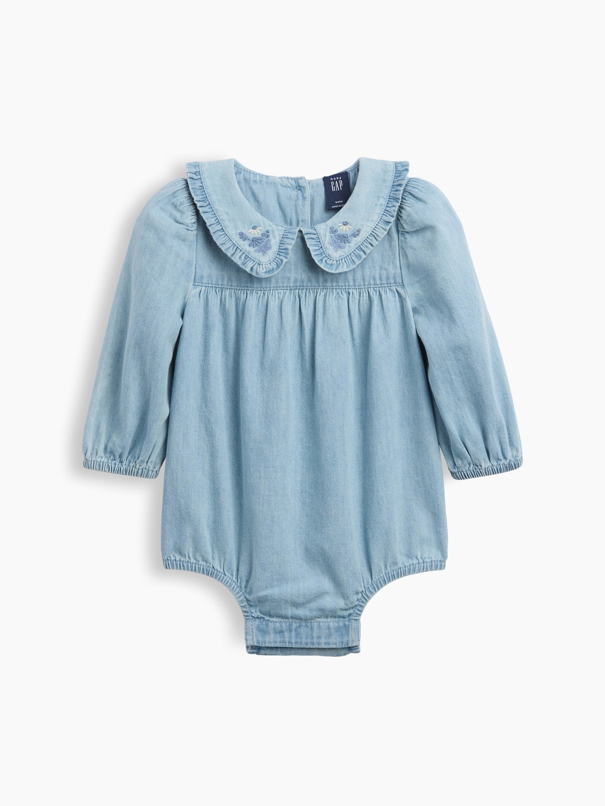 Mavi Işlemeli Denim Balon Kol Bodysuit
