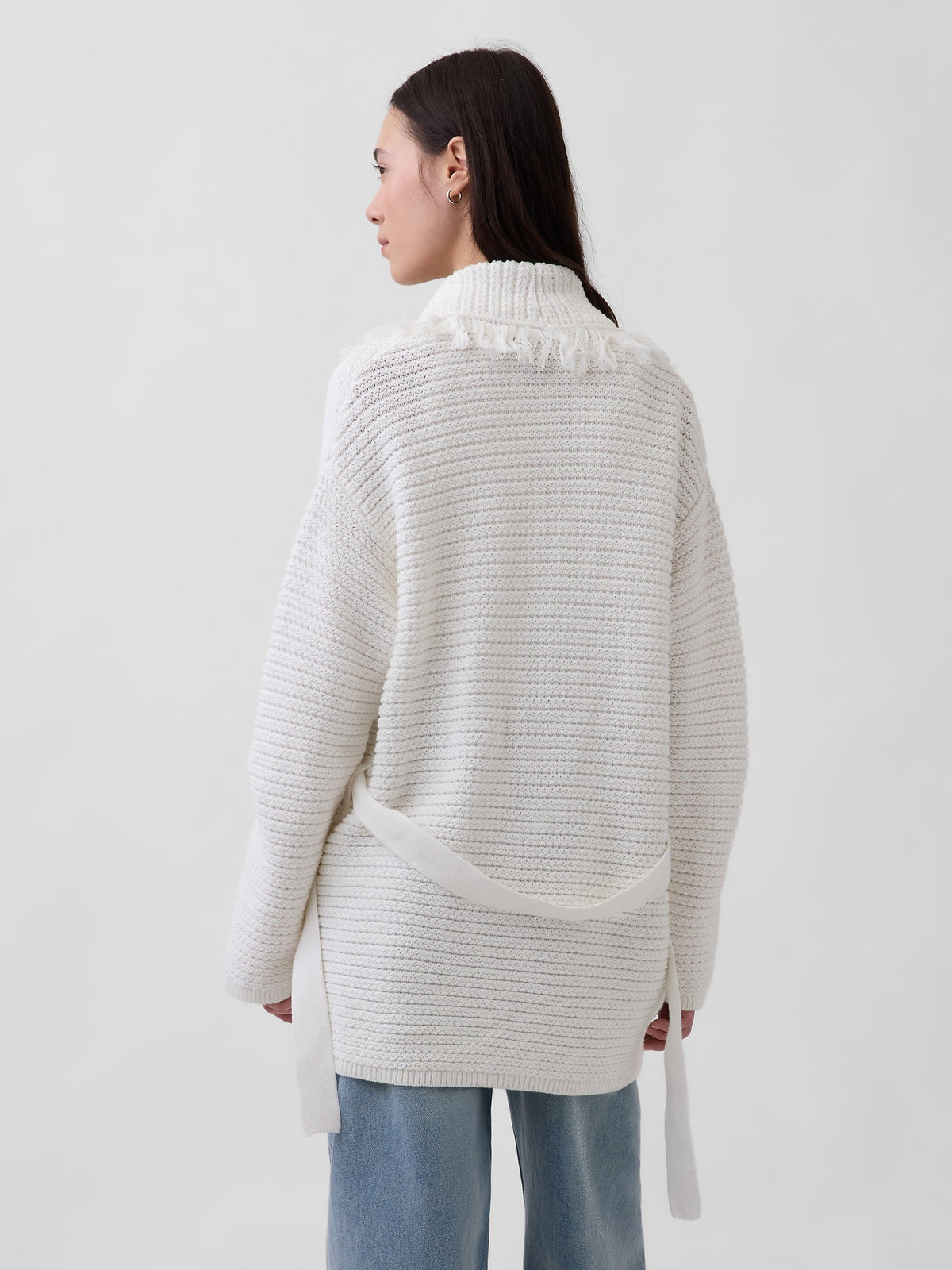 Beyaz 100% Pamuk Oversized Fringe Shawl Hırka