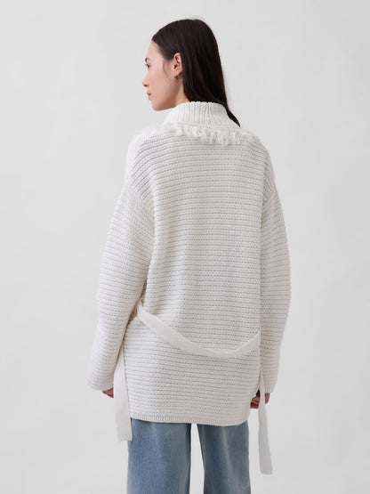 Beyaz 100% Pamuk Oversized Fringe Shawl Hırka