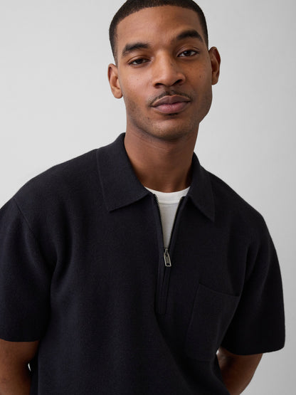 Siyah Oversized Yarım Fermuarlı Cepli Triko Polo T-shirt