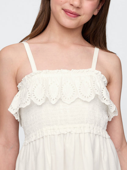 Beyaz Kids Smocked Ruffle Midi Elbise