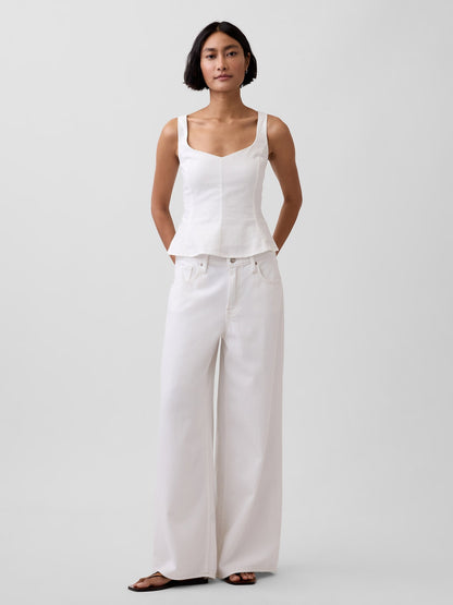 Beyaz Keten Karışımlı Peplum Bluz