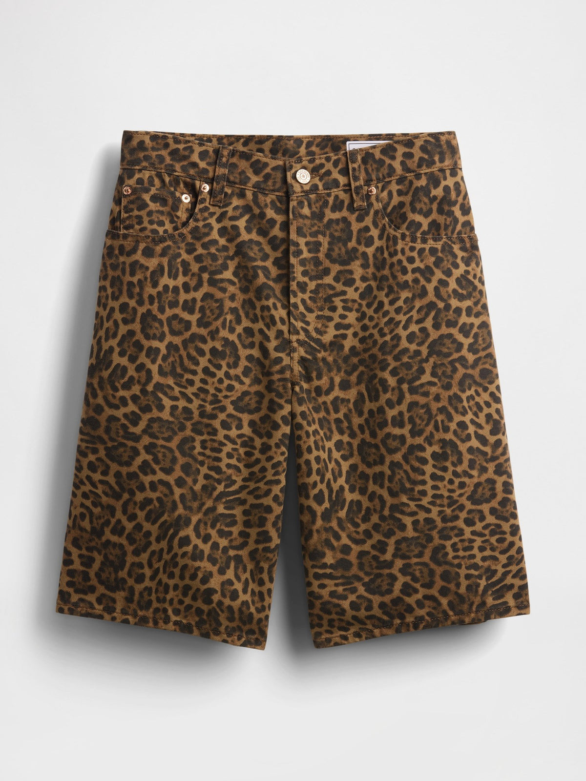 Kahverengi 11 Mid Rise Denim Leopar Longline Şort