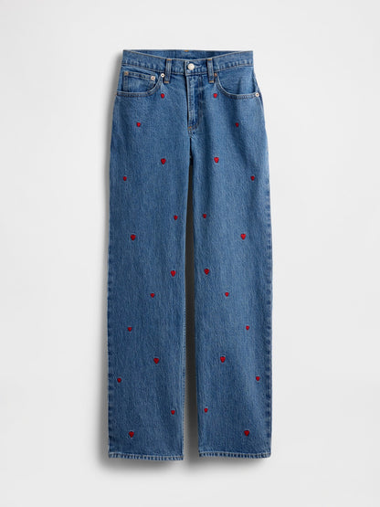 Mavi Mid Rise Işlemeli Relaxed Straight Jean Pantolon