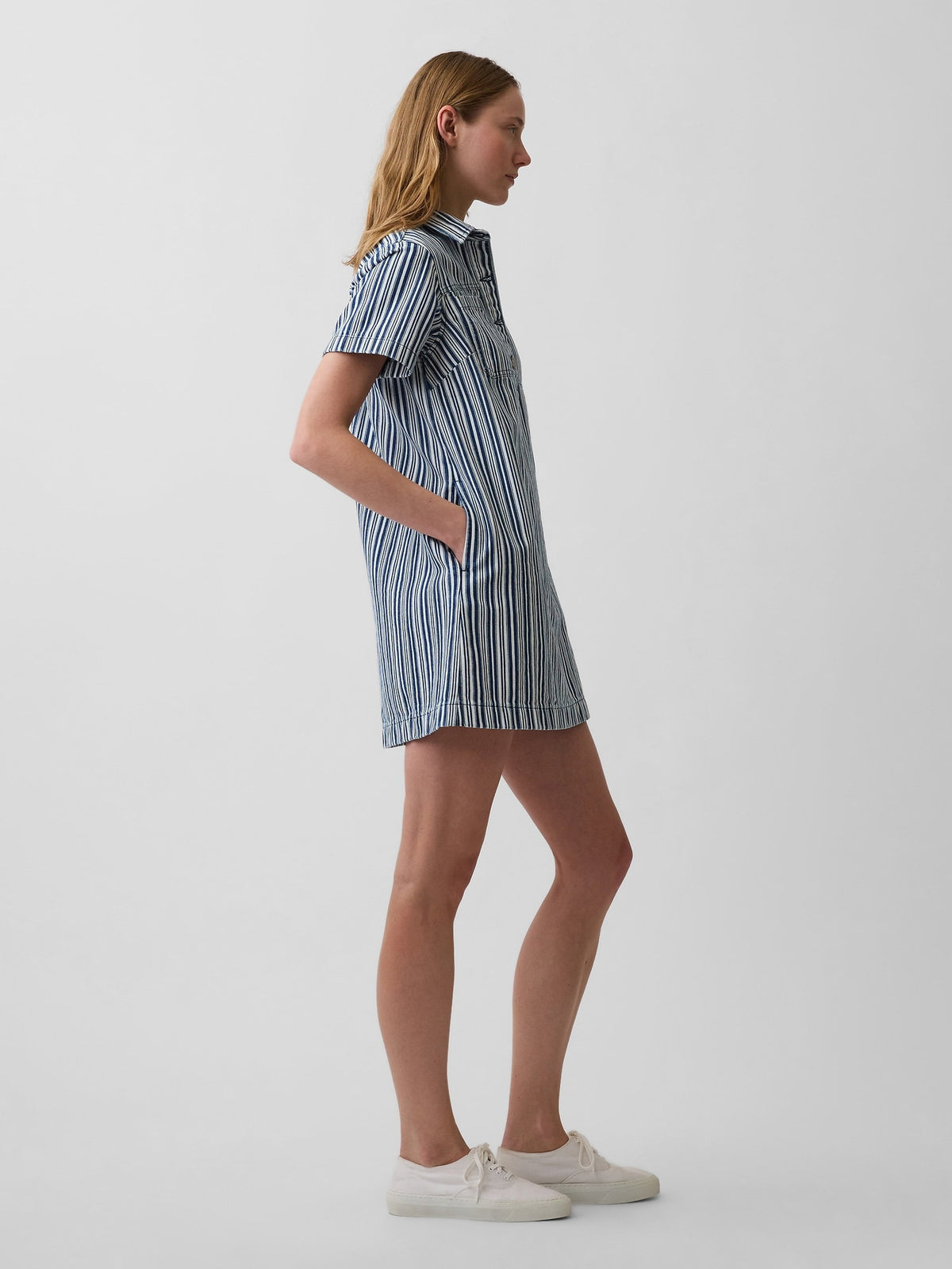 Mavi Denim Çizgili Popover Mini Elbise