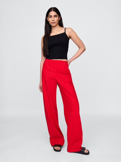 Kırmızı Keten Karışımı Easy Wide Leg Pantolon